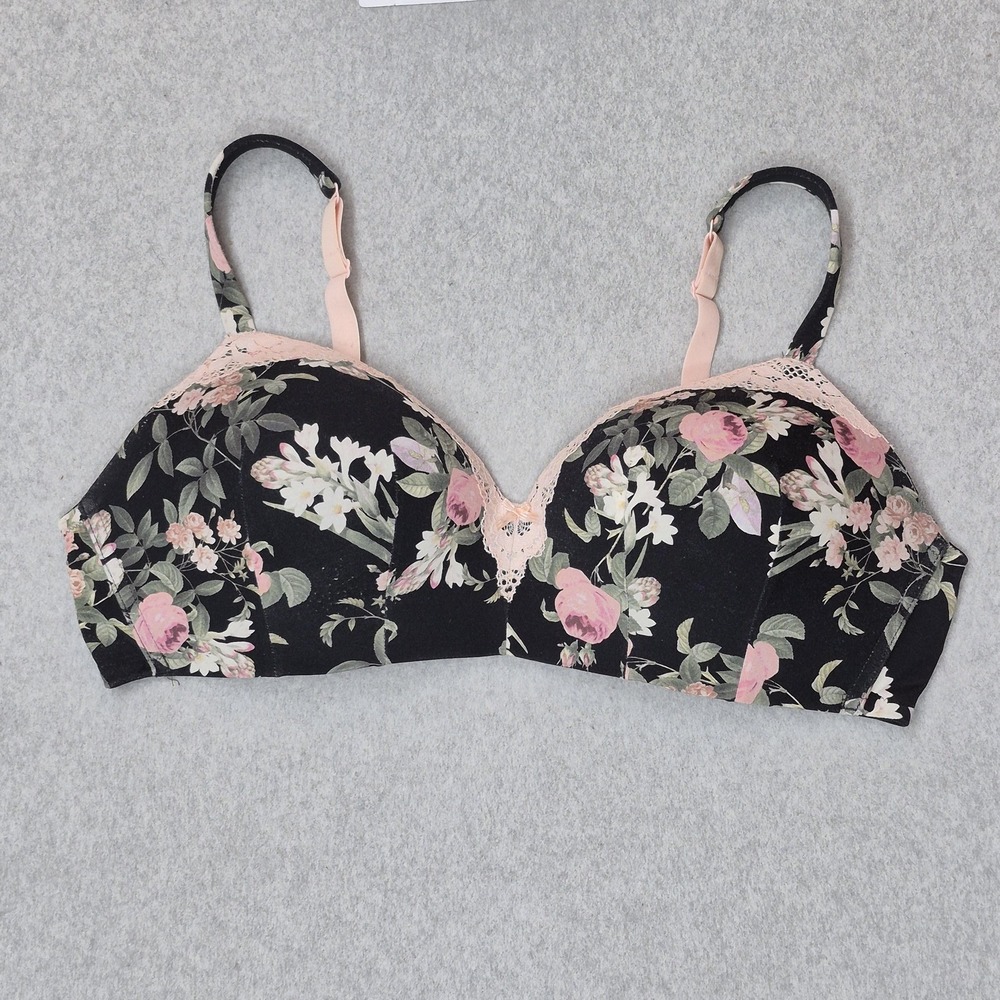 Cacique Women Bra 44D Black Floral T Shirt Wireless Lace Strap